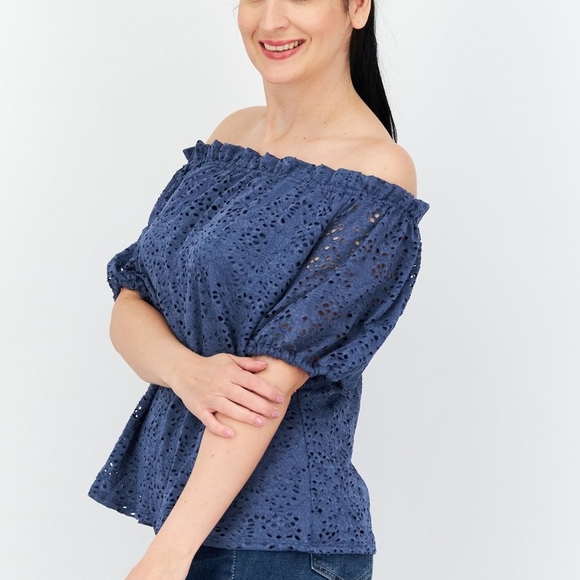 Vince Camuto Blue Puff Sleeve Smocked Blouse - Picture 3 of 7